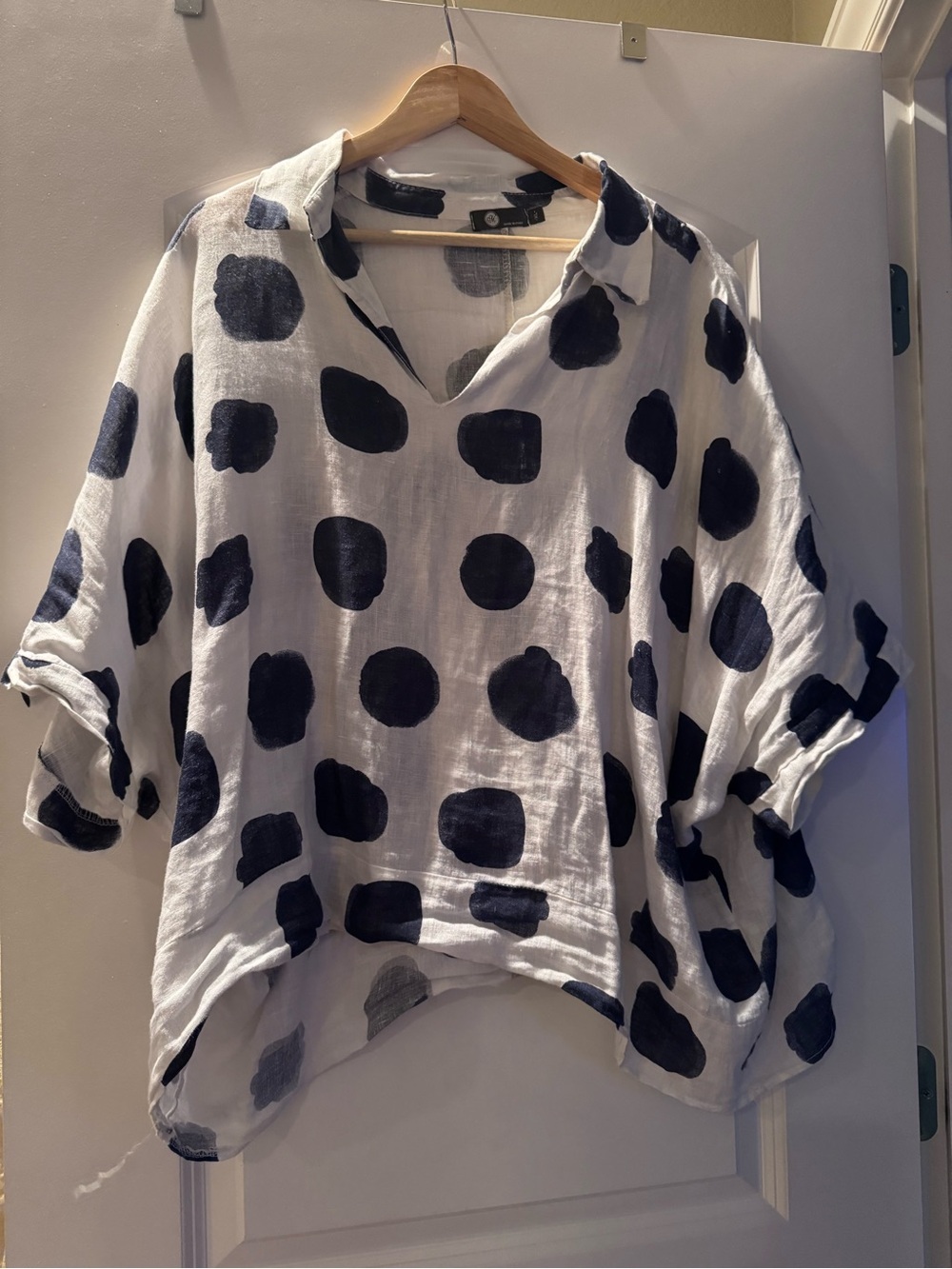 Polka Dot V-Neck Linen Tunic - Navy on White